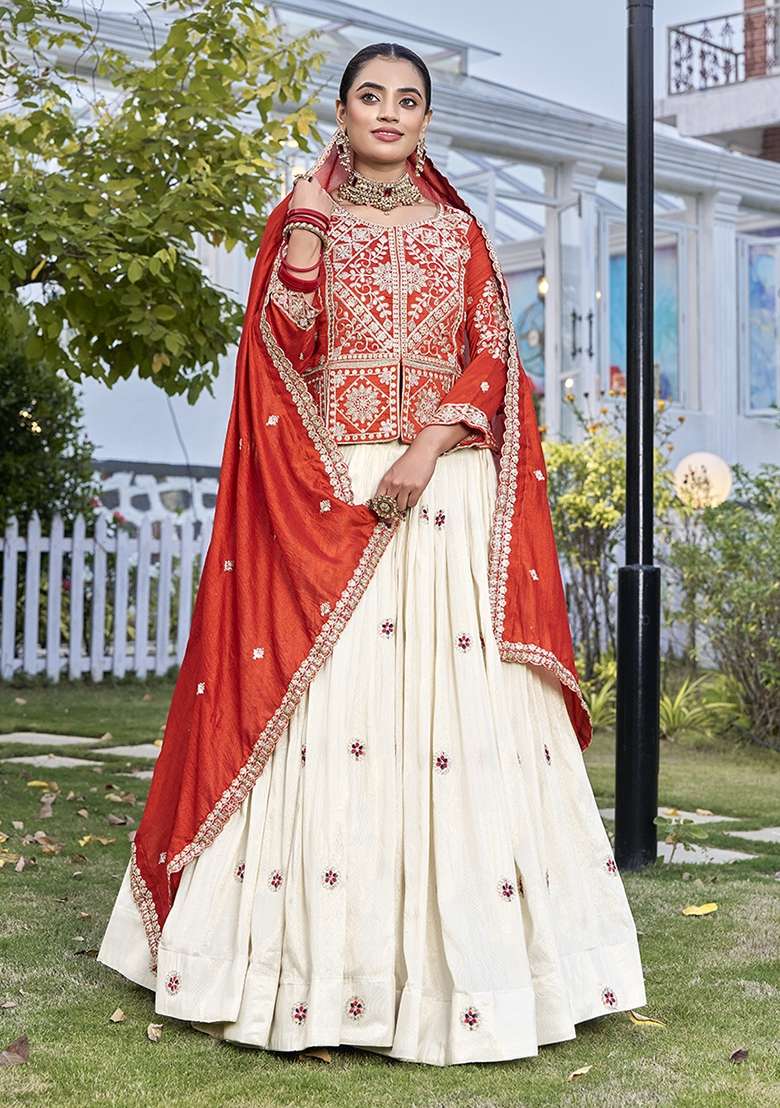 Orange Work Vichitra Lehenga Set with Sequin for Diwali | Wedding & Festive Wear - Indya