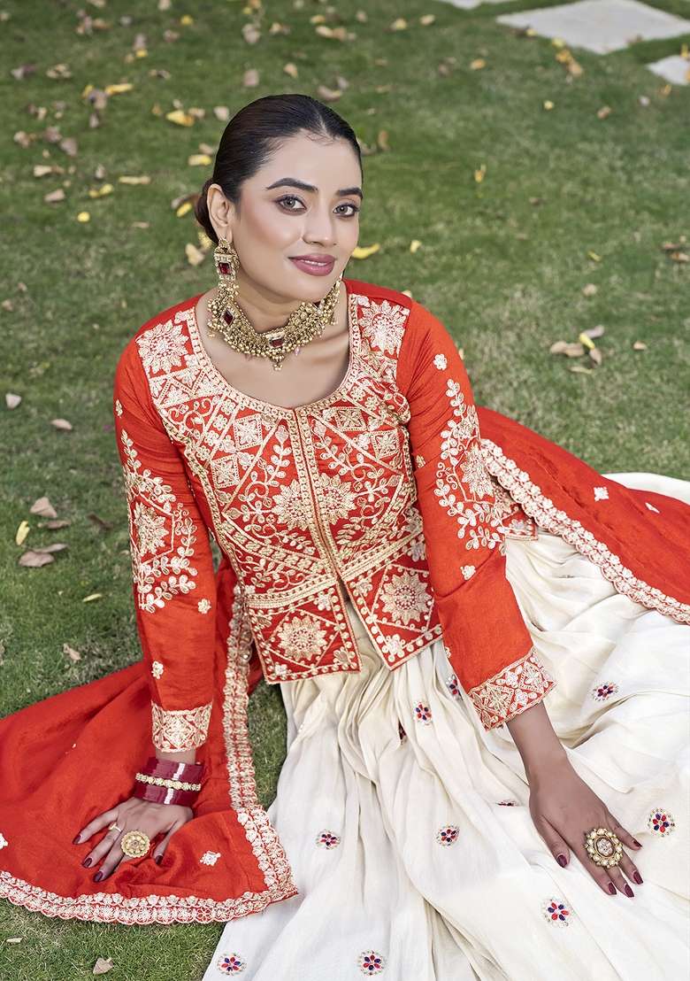 Orange Work Vichitra Lehenga Set with Sequin for Diwali | Wedding & Festive Wear - Indya