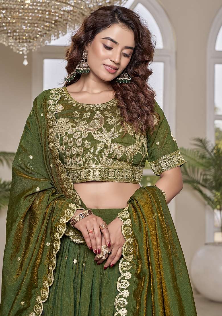 Green Sequin Work Vichitra Lehenga Set for Diwali and Festive Wear - Indya