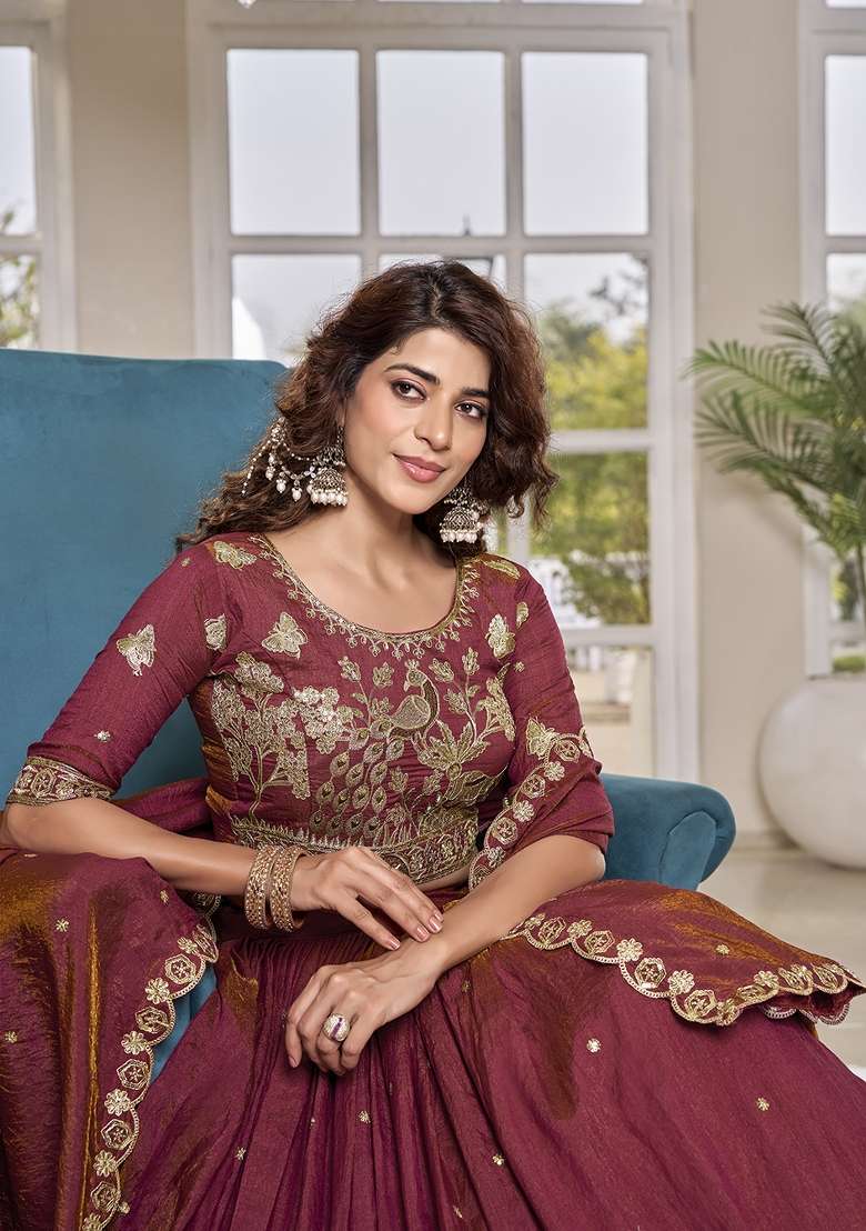 Maroon Work Vichitra Lehenga Set with Sequin for Diwali | Wedding & Festive Wear - Indya