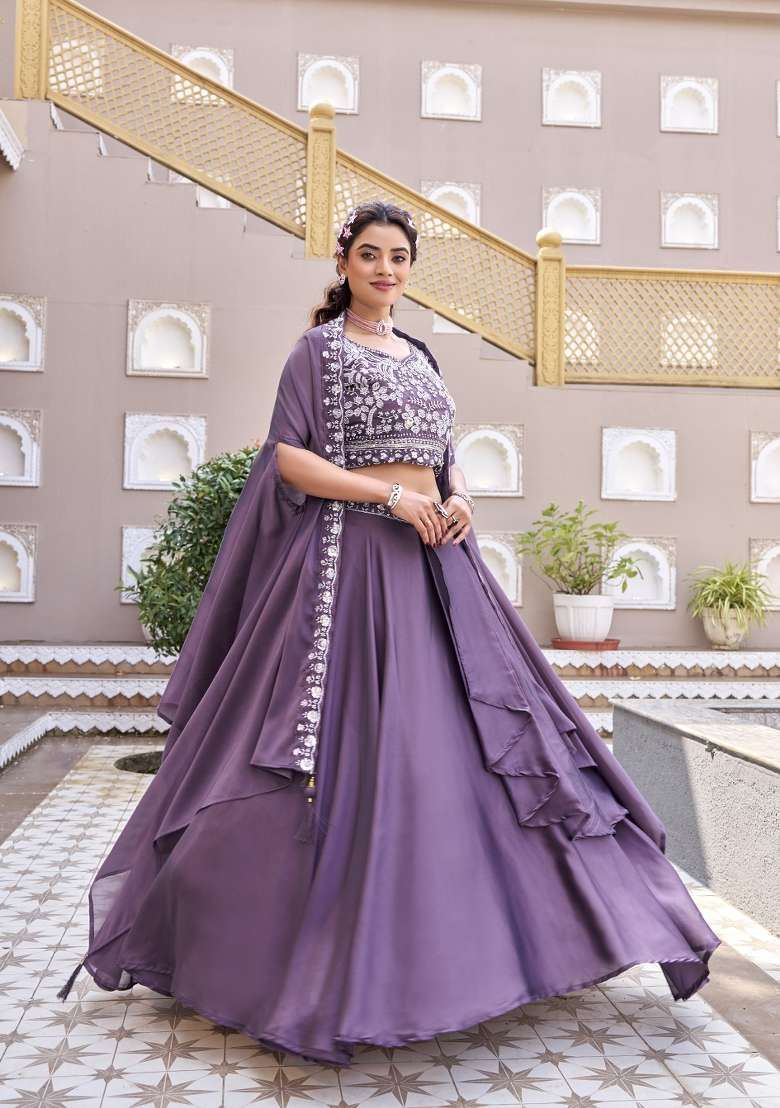 Lavender Sequin Work Silk Lehenga Set for Diwali and Festive Wear - Indya