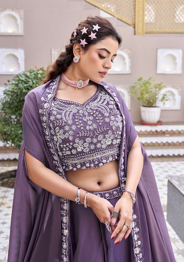 Lavender Sequin Work Silk Lehenga Set for Diwali and Festive Wear - Indya