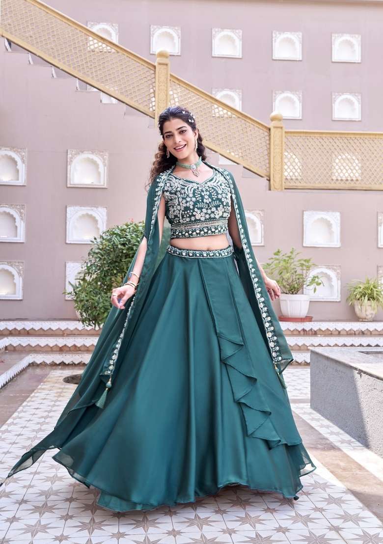 Teal Work Silk Lehenga Set with Sequin for Diwali | Wedding & Festive Wear - Indya