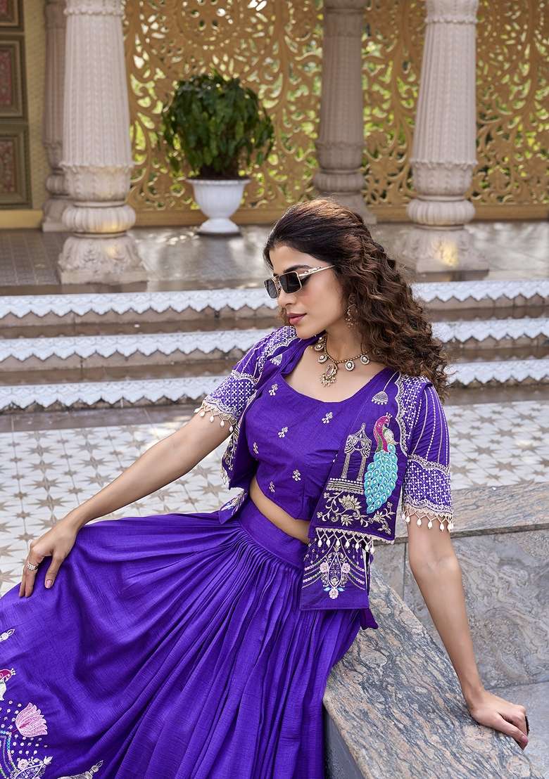 Royal Blue Embroidery Vichitra Lehenga Set for Diwali and Festive Wear - Indya