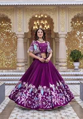 Wine Vichitra Lehenga Set with Embroidery for Diwali | Wedding & Festive Wear