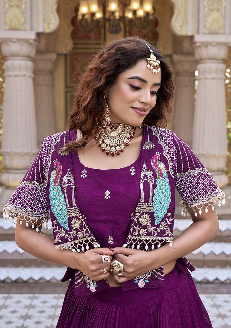 Wine Vichitra Lehenga Set with Embroidery for Diwali | Wedding & Festive Wear - Indya