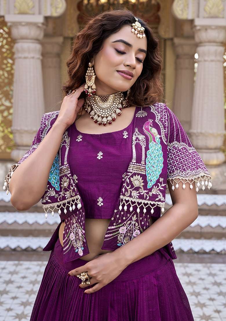 Wine Vichitra Lehenga Set with Embroidery for Diwali | Wedding & Festive Wear - Indya