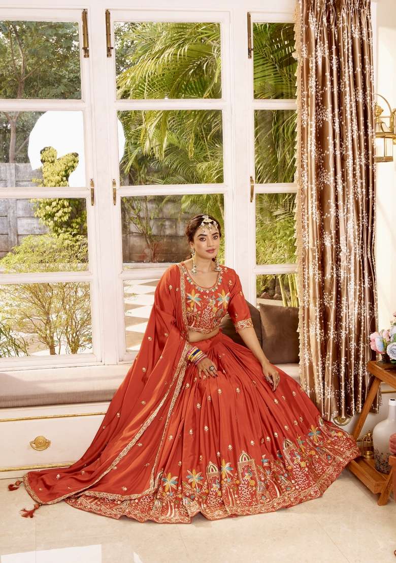 Orange Sequin Work Silk Lehenga Set for Diwali and Festive Wear - Indya