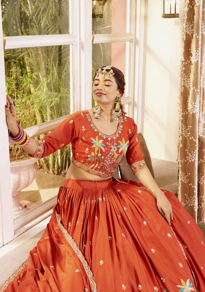 Orange Sequin Work Silk Lehenga Set for Diwali and Festive Wear - Indya