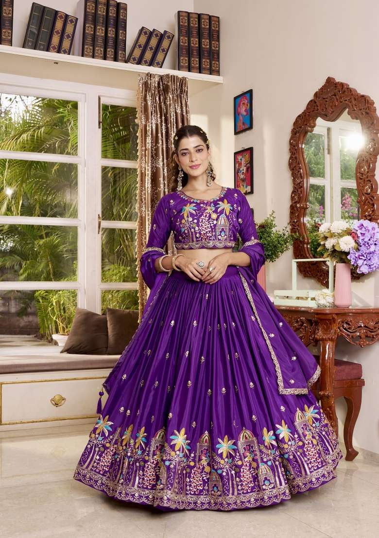 Purple Work Silk Lehenga Set with Sequin for Diwali | Wedding & Festive Wear - Indya