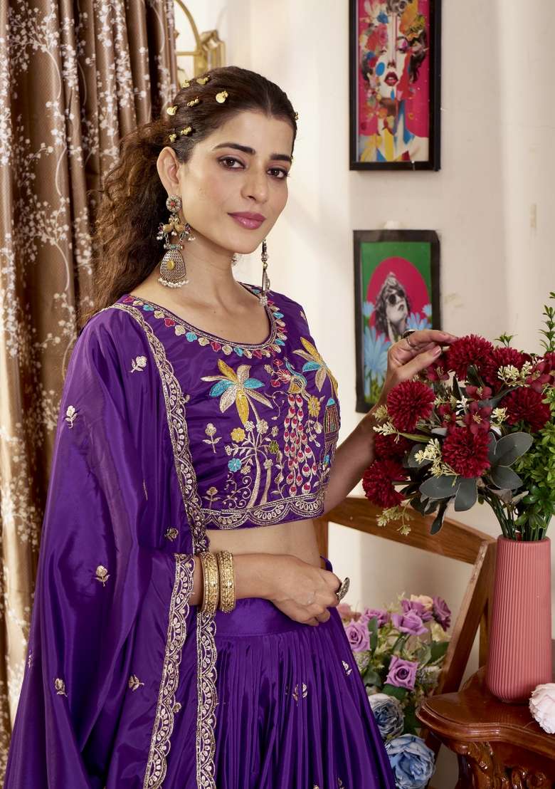 Purple Work Silk Lehenga Set with Sequin for Diwali | Wedding & Festive Wear - Indya
