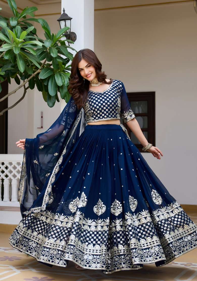 Blue Sequin Work Georgette Lehenga Set for Diwali and Festive Wear - Indya