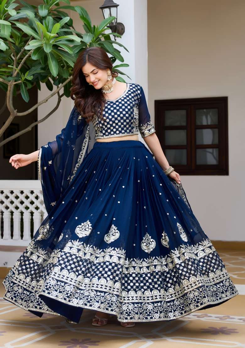 Blue Sequin Work Georgette Lehenga Set for Diwali and Festive Wear - Indya