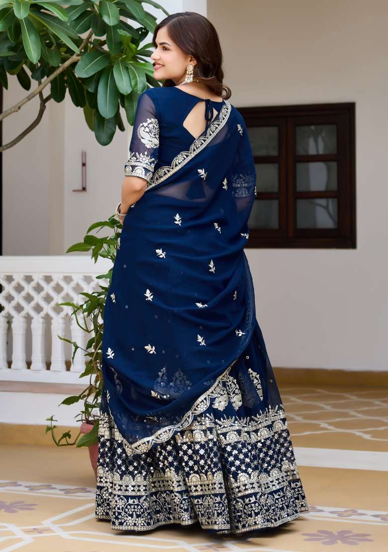 Blue Sequin Work Georgette Lehenga Set for Diwali and Festive Wear - Indya