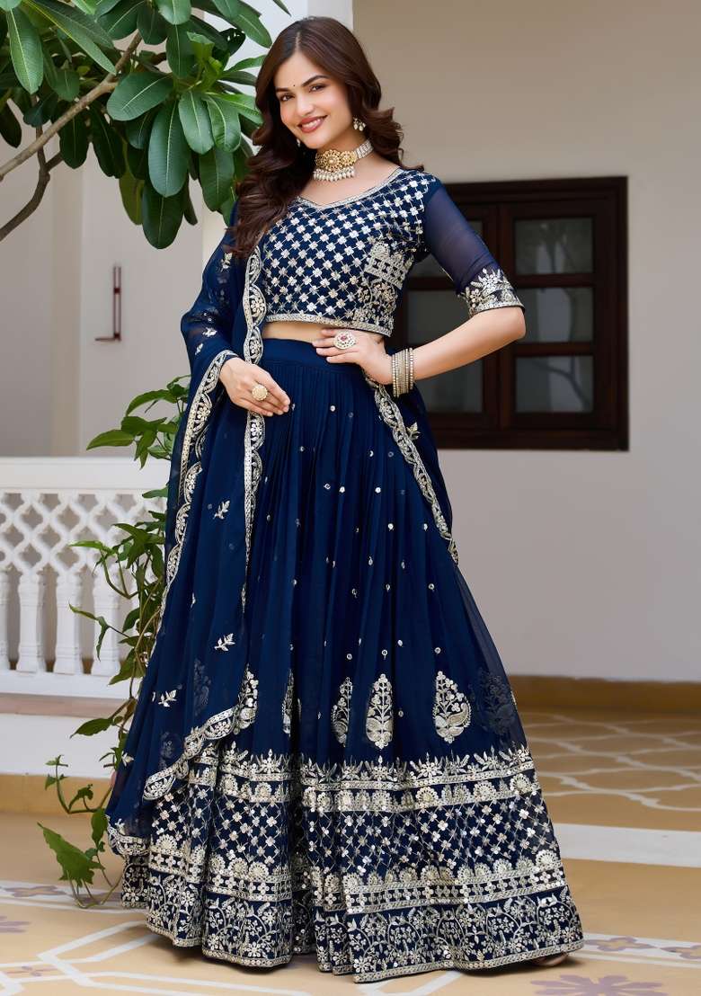 Blue Sequin Work Georgette Lehenga Set for Diwali and Festive Wear - Indya