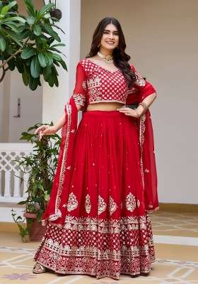 Red Work Georgette Lehenga Set with Sequin for Diwali | Wedding & Festive Wear