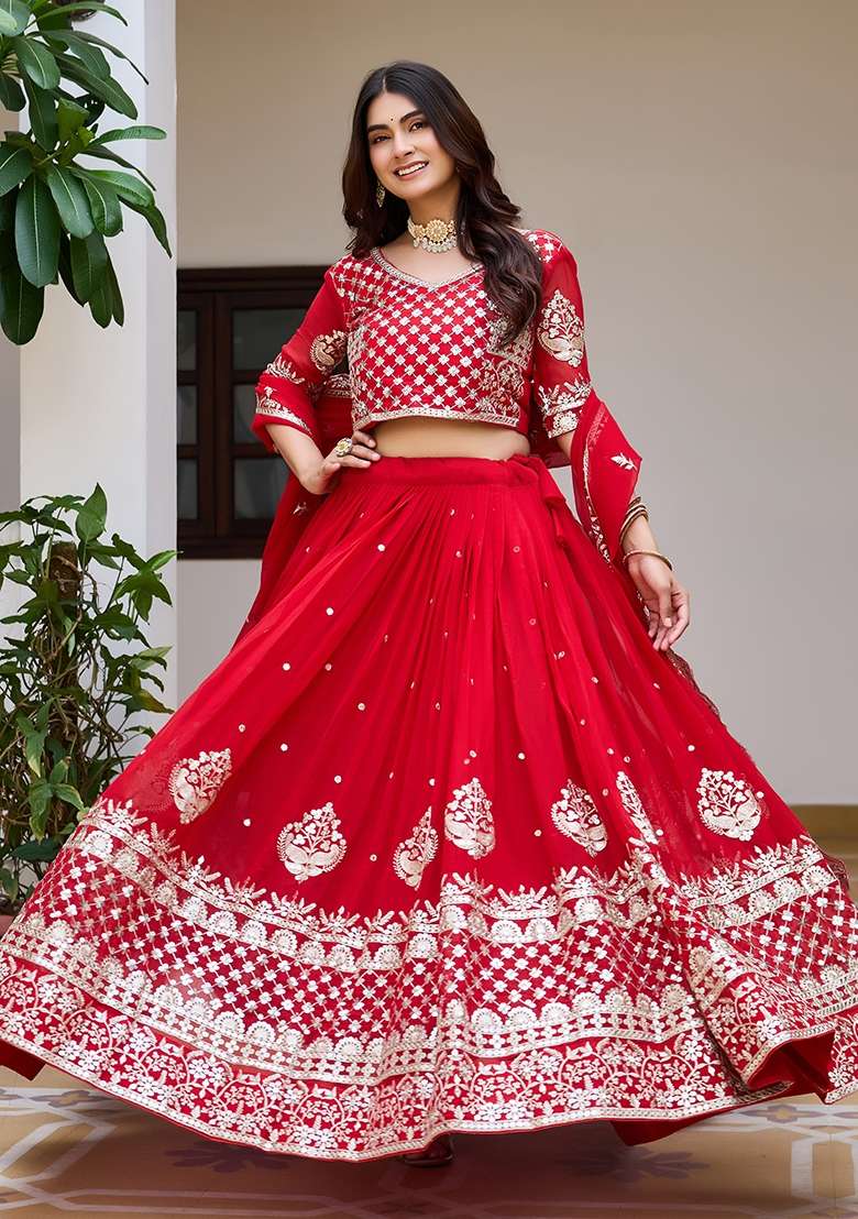 Red Work Georgette Lehenga Set with Sequin for Diwali | Wedding & Festive Wear - Indya