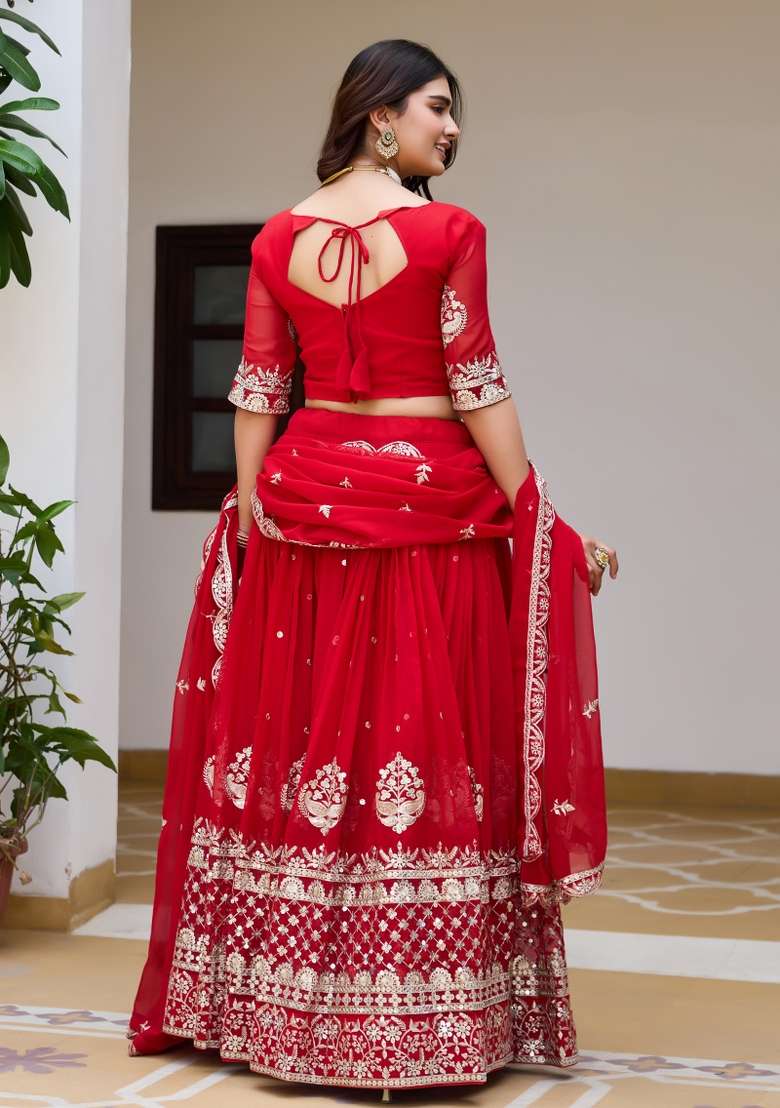 Red Work Georgette Lehenga Set with Sequin for Diwali | Wedding & Festive Wear - Indya
