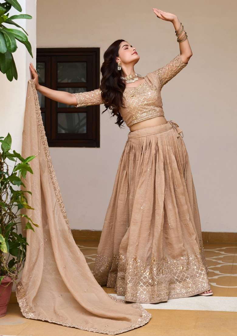 Chiku Work Crunchy Lehenga Set with Sequin for Diwali | Wedding & Festive Wear - Indya