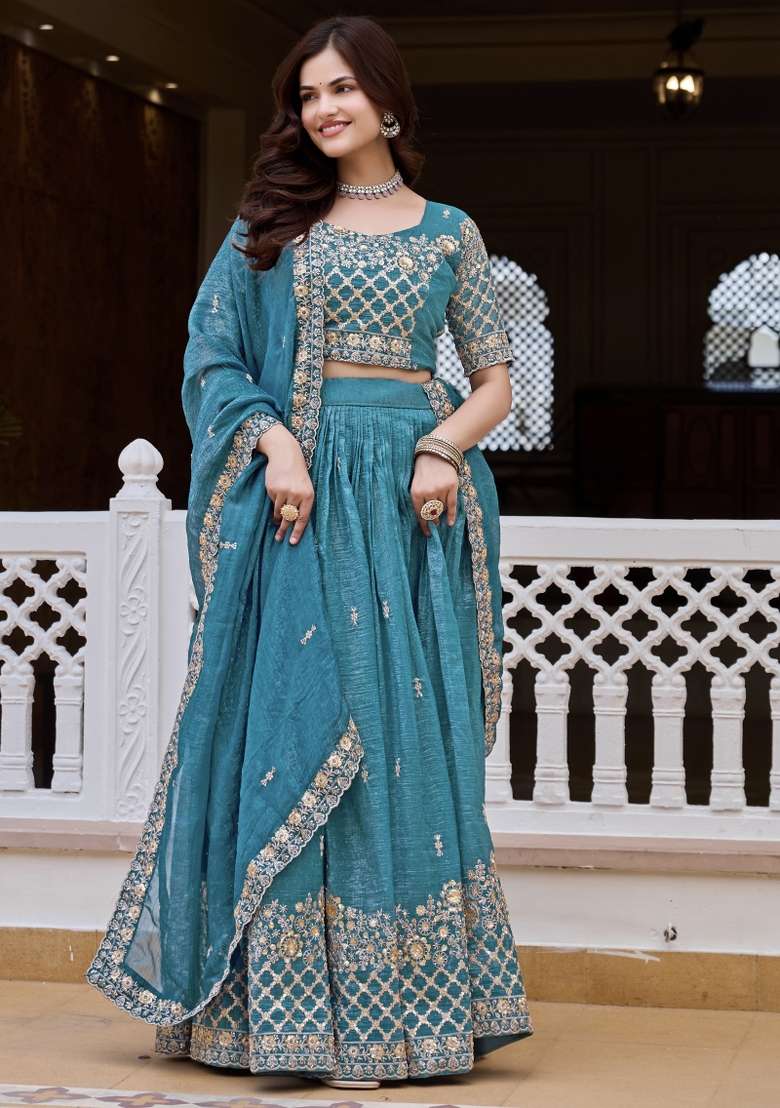 Firozi Work Crunchy Lehenga Set with Sequin for Diwali | Wedding & Festive Wear - Indya