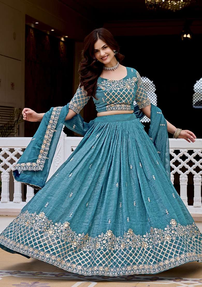 Firozi Work Crunchy Lehenga Set with Sequin for Diwali | Wedding & Festive Wear - Indya