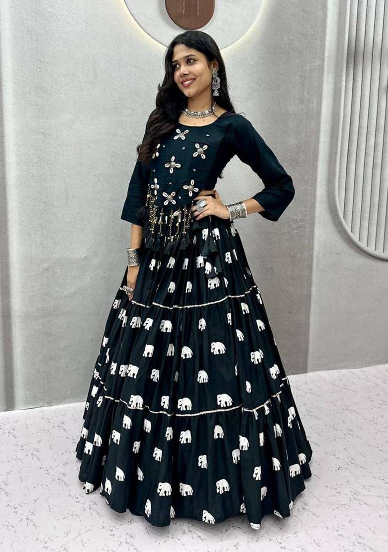 Black Handwork Cotton Lehenga Set for Diwali and Festive Wear - Indya