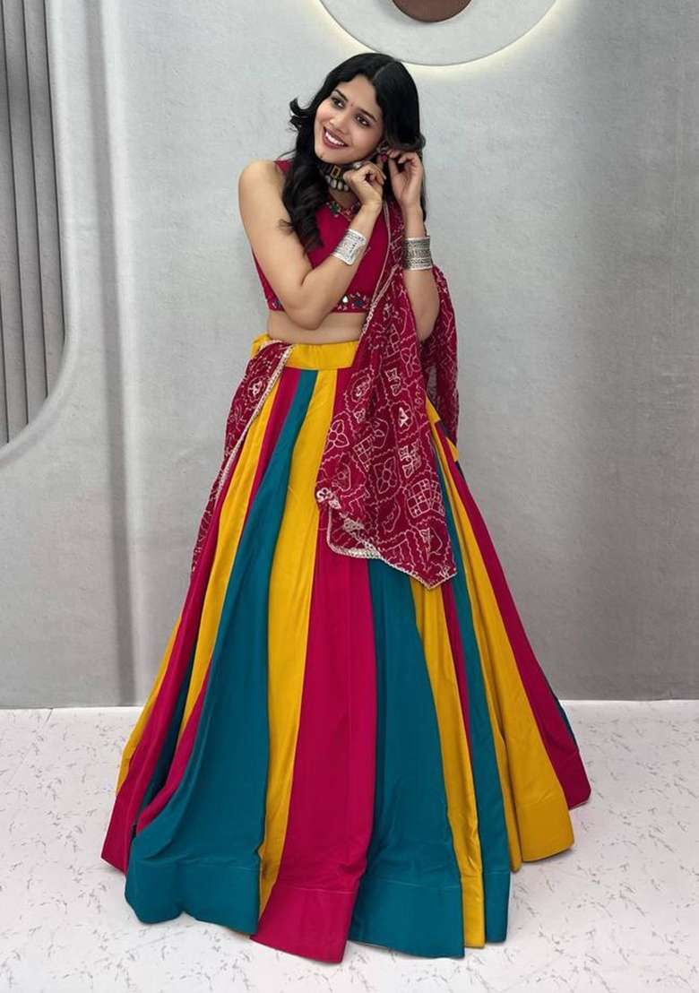Multicolor Cotton Lehenga Set with Mirror Work for Diwali | Wedding & Festive Wear - Indya