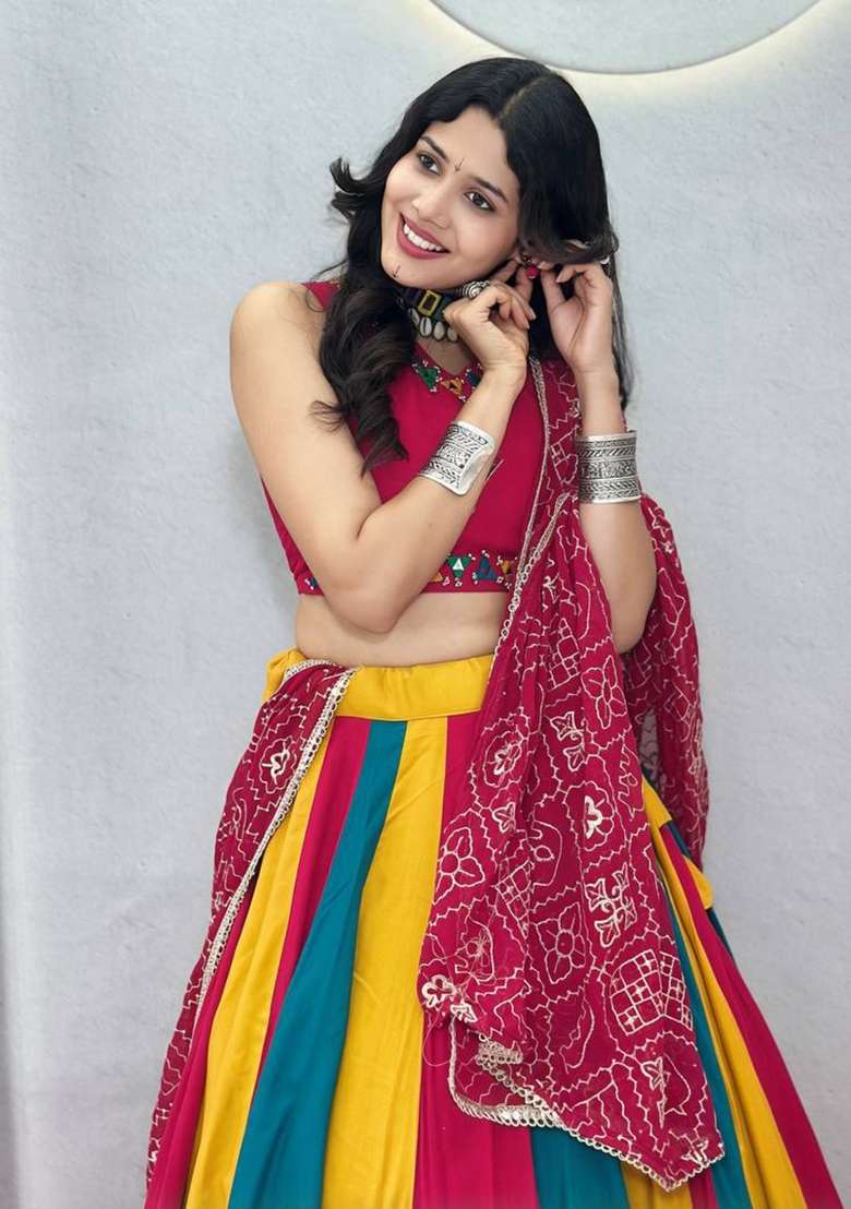 Multicolor Cotton Lehenga Set with Mirror Work for Diwali | Wedding & Festive Wear - Indya