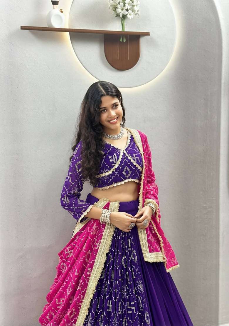 Purple Embroidery Georgette Lehenga Set for Diwali and Festive Wear - Indya