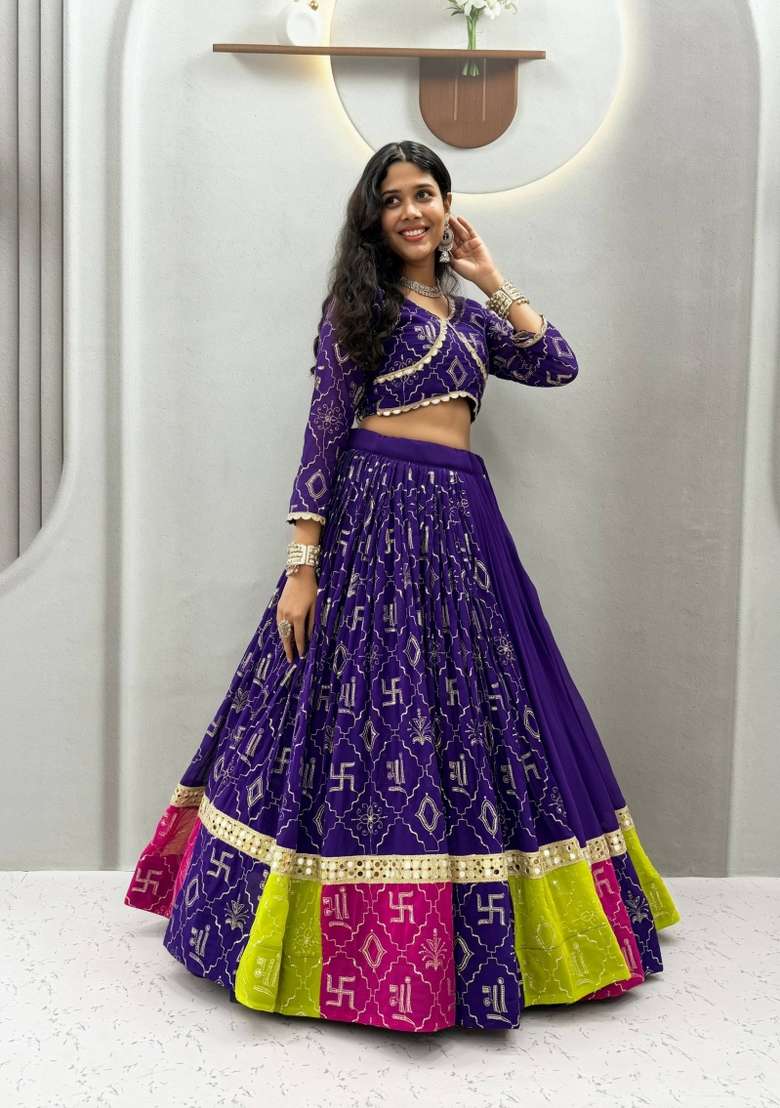 Purple Embroidery Georgette Lehenga Set for Diwali and Festive Wear - Indya