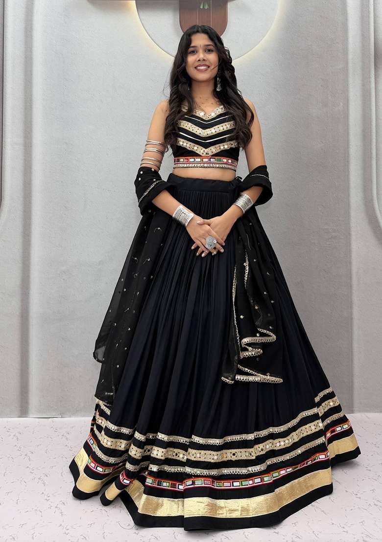Black Gamthi Work Cotton Lehenga Set for Diwali | Wedding & Festive Wear - Indya