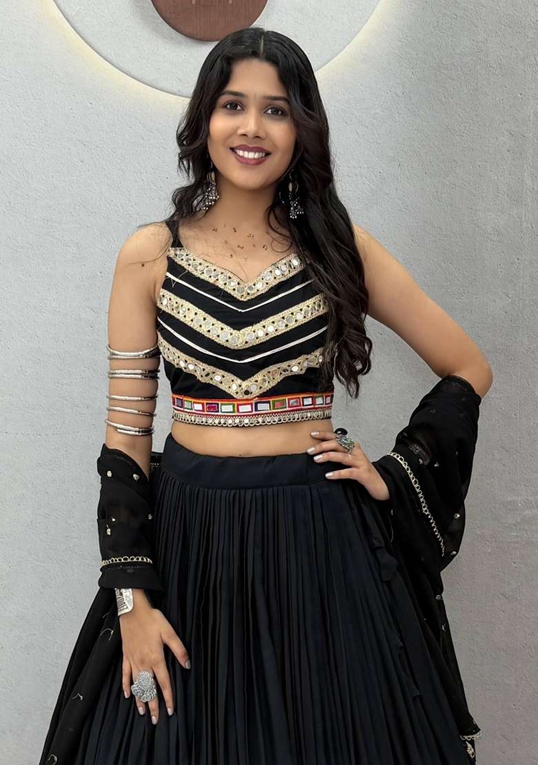 Black Gamthi Work Cotton Lehenga Set for Diwali | Wedding & Festive Wear - Indya