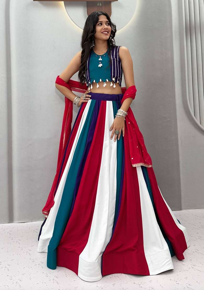 Multicolor Cotton Lehenga Set with Mirror Work for Diwali | Wedding & Festive Wear - Indya
