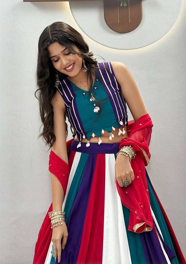 Multicolor Cotton Lehenga Set with Mirror Work for Diwali | Wedding & Festive Wear - Indya