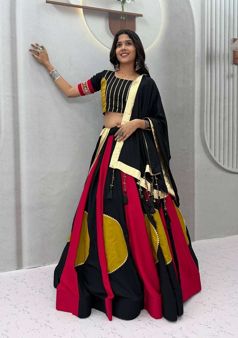 Black Gamthi Work Cotton Lehenga Set for Diwali and Festive Wear - Indya
