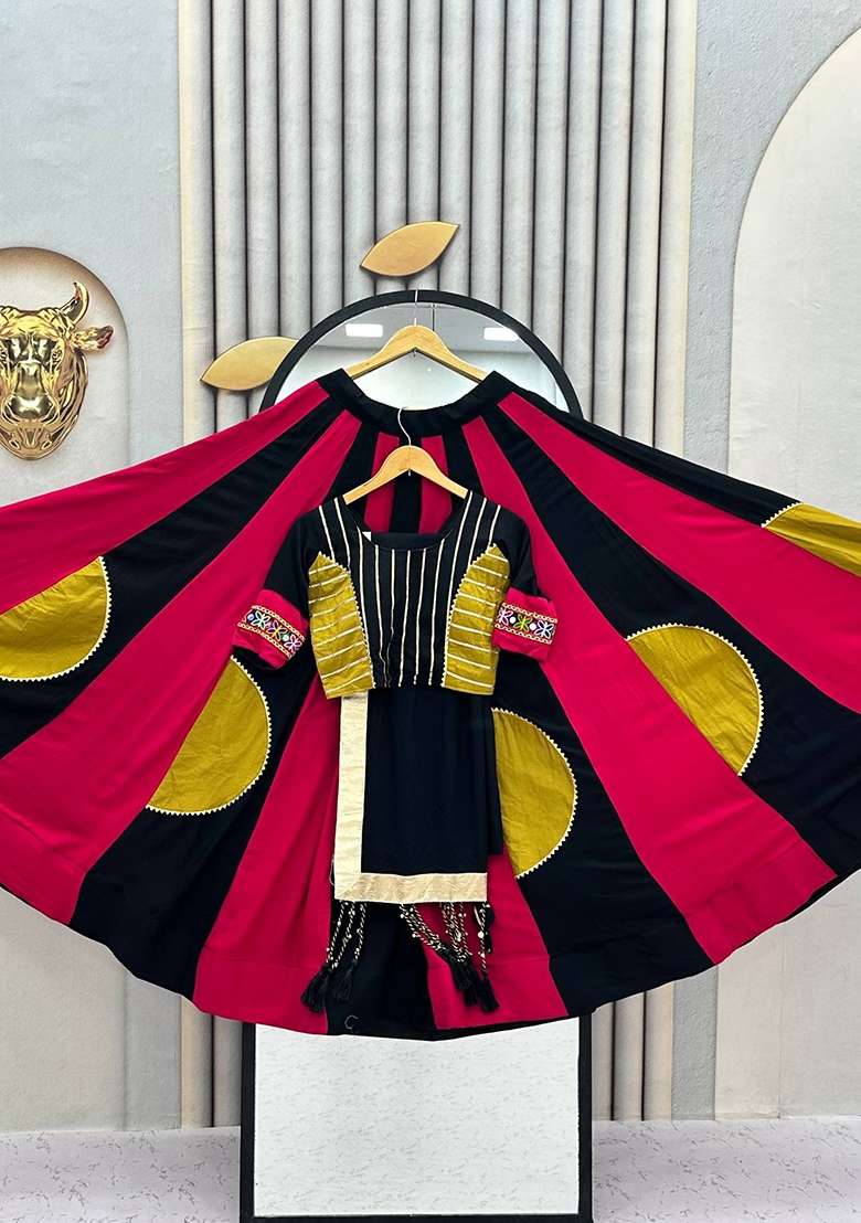 Black Gamthi Work Cotton Lehenga Set for Diwali and Festive Wear - Indya