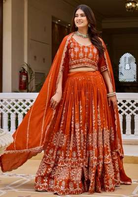 Orange Sequin Work Vichitra Lehenga Set for Diwali and Festive Wear