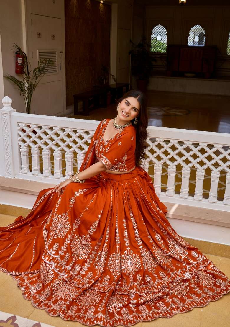 Orange Sequin Work Vichitra Lehenga Set for Diwali and Festive Wear - Indya