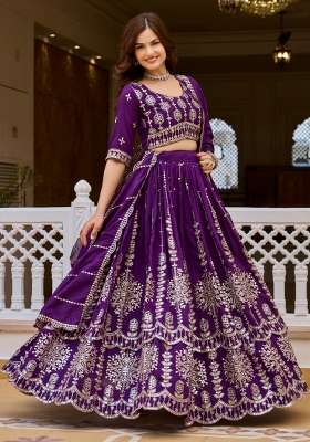 Violet Sequin Work Vichitra Lehenga Set for Diwali and Festive Wear