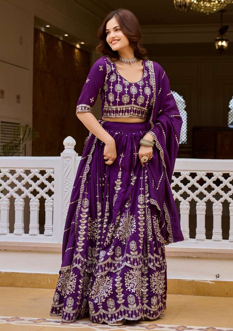 Violet Sequin Work Vichitra Lehenga Set for Diwali and Festive Wear - Indya