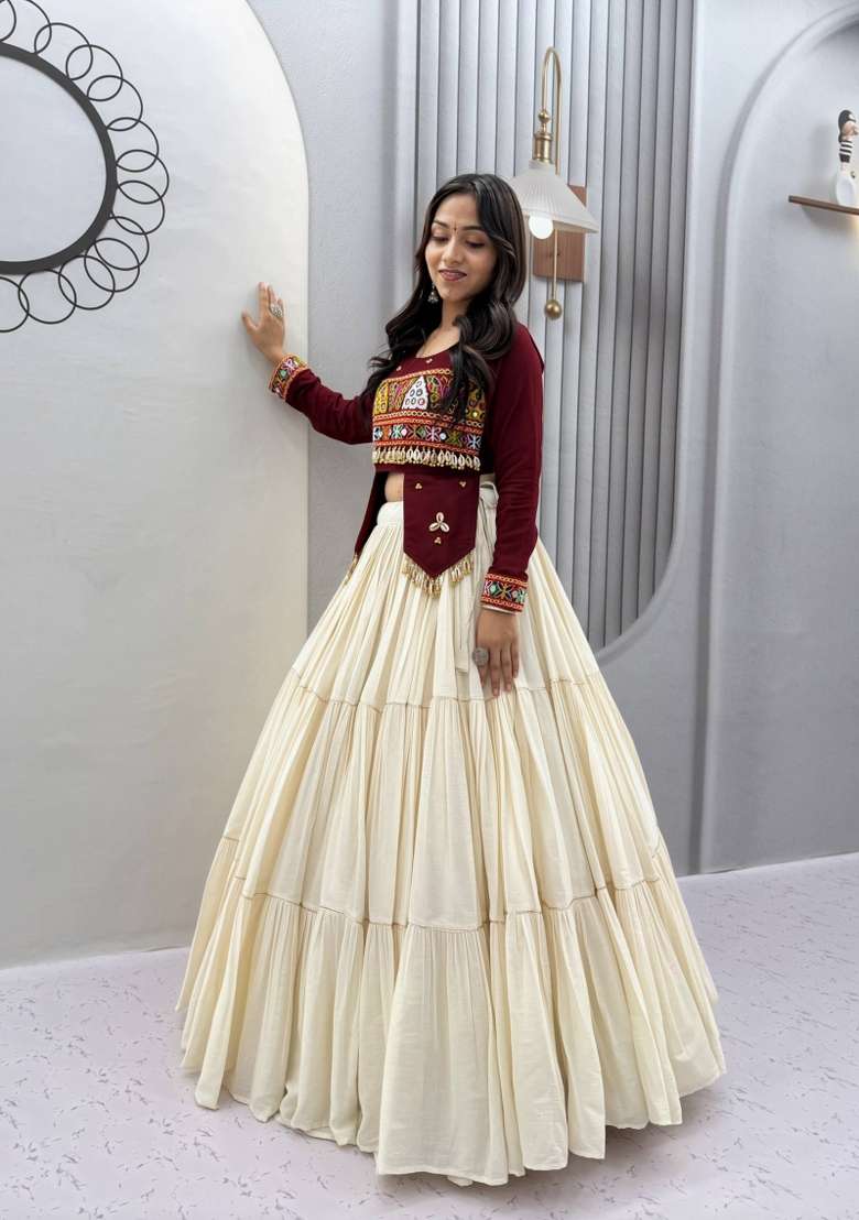 Maroon Gamthi Work Cotton Lehenga Set for Diwali and Festive Wear - Indya