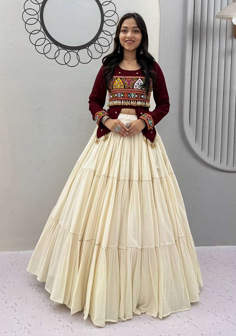 Maroon Gamthi Work Cotton Lehenga Set for Diwali and Festive Wear - Indya