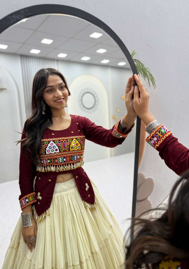 Maroon Gamthi Work Cotton Lehenga Set for Diwali and Festive Wear - Indya