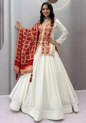 White Work Silk Lehenga Set with Sequin for Diwali | Wedding & Festive Wear