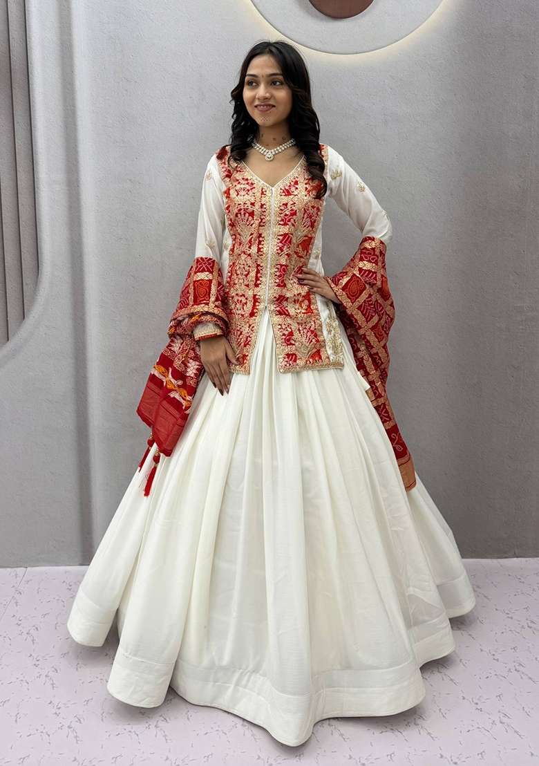 White Work Silk Lehenga Set with Sequin for Diwali | Wedding & Festive Wear - Indya