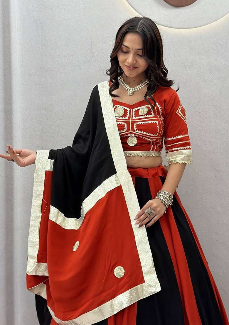 Black Gotta Patti Cotton Lehenga Set for Diwali | Wedding & Festive Wear - Indya