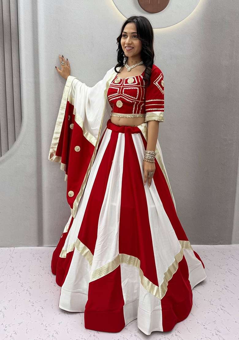 White Gotta Patti Cotton Lehenga Set for Diwali and Festive Wear - Indya