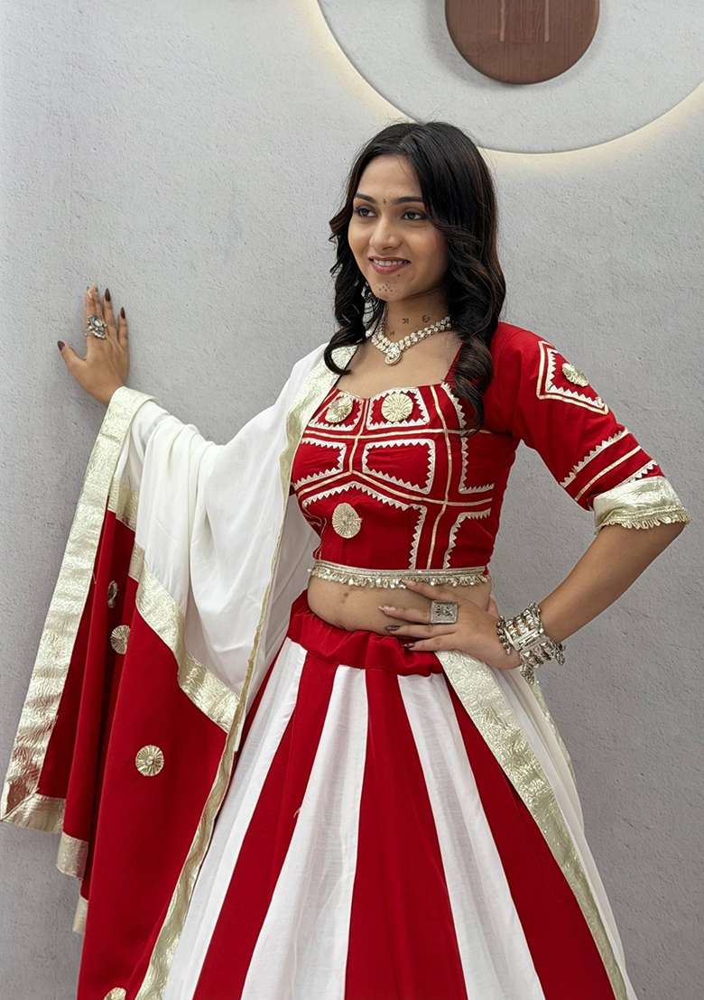White Gotta Patti Cotton Lehenga Set for Diwali and Festive Wear - Indya