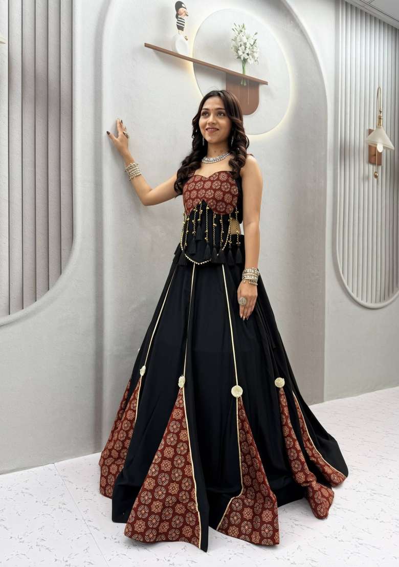 Black Printed Cotton Lehenga Set for Diwali and Festive Wear - Indya