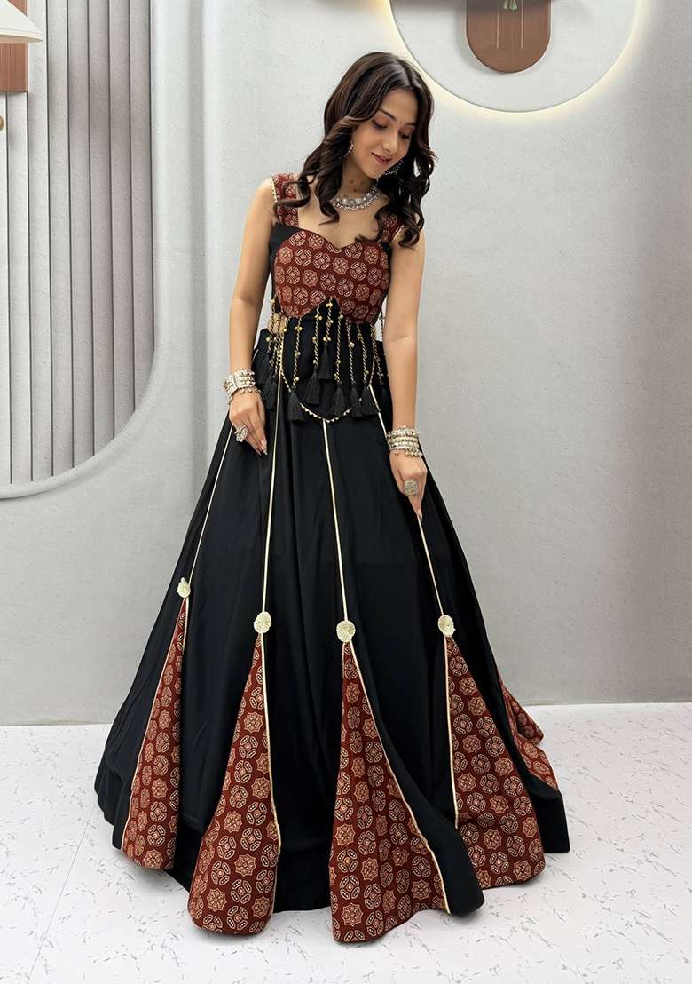 Black Printed Cotton Lehenga Set for Diwali and Festive Wear - Indya